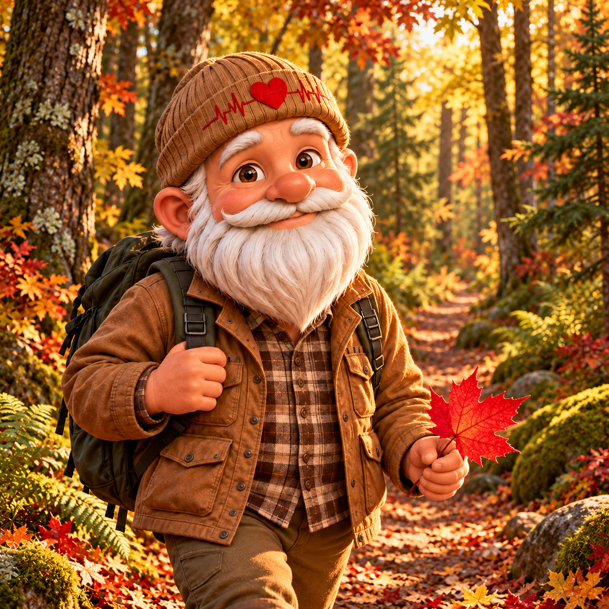 Head Coach Kip smiling on a sunlit autumn forest trail, holding a red maple leaf.