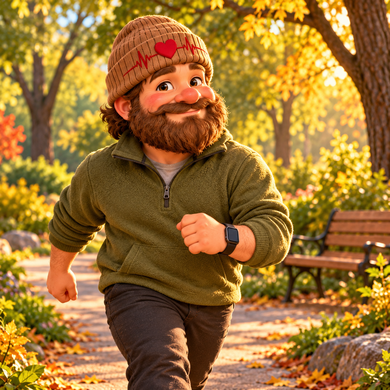 Coach Pace enjoying a cheerful walk along a sunlit park path.