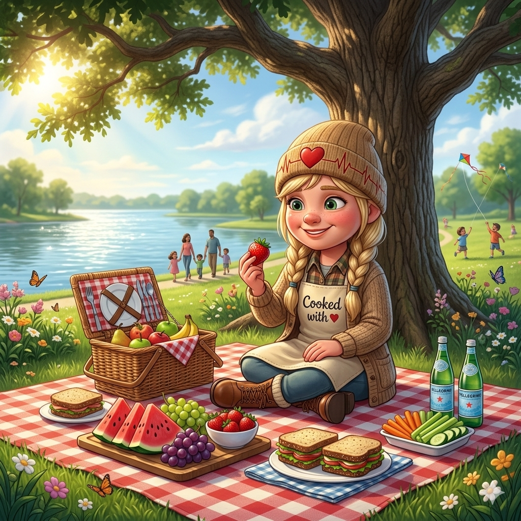 Coach Val enjoying a lakeside picnic with fresh fruit, vegetables, and sandwiches.